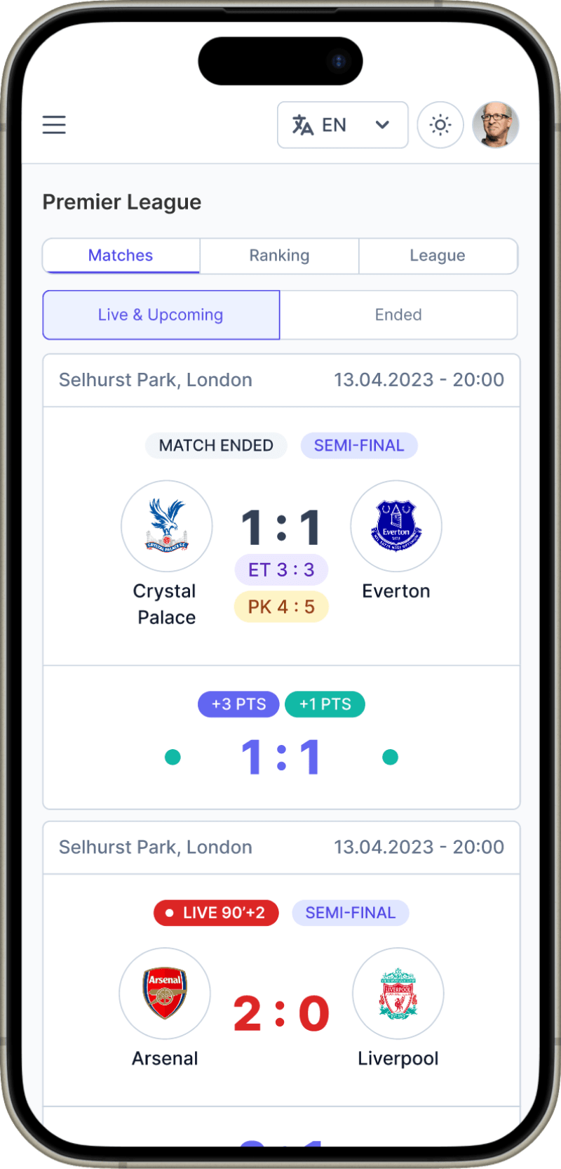 Screenshot of a phone screen with ChampionMATES app open with list of ongoing matches