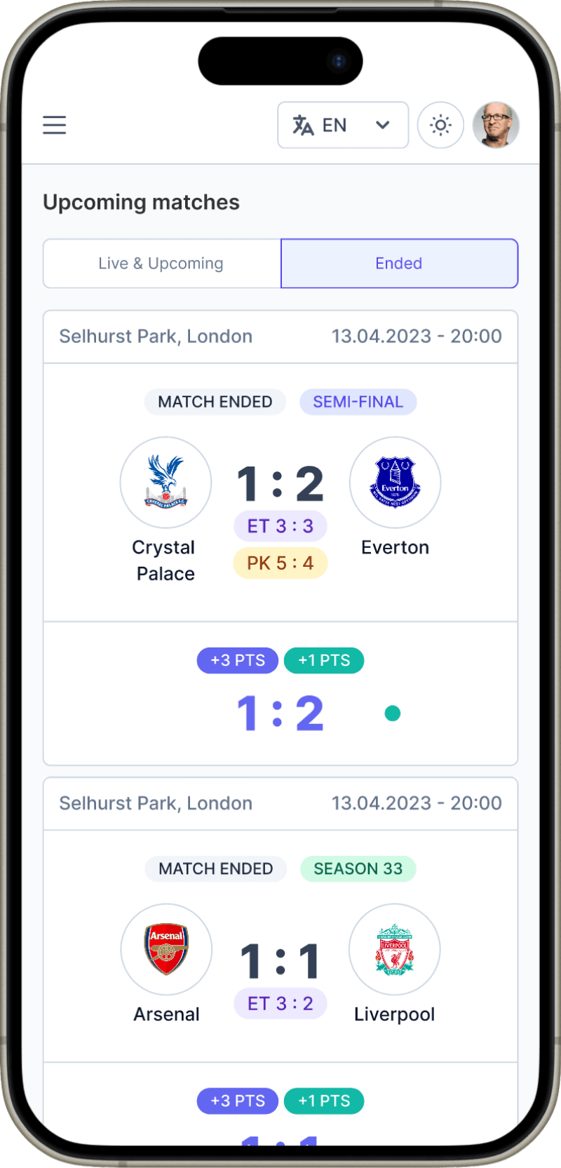 Screenshot of a phone screen with ChampionMATES app open showing play history