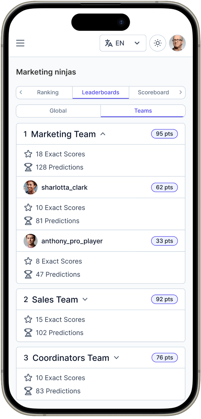 Screenshot of a phone screen with ChampionMATES app open with team ranking